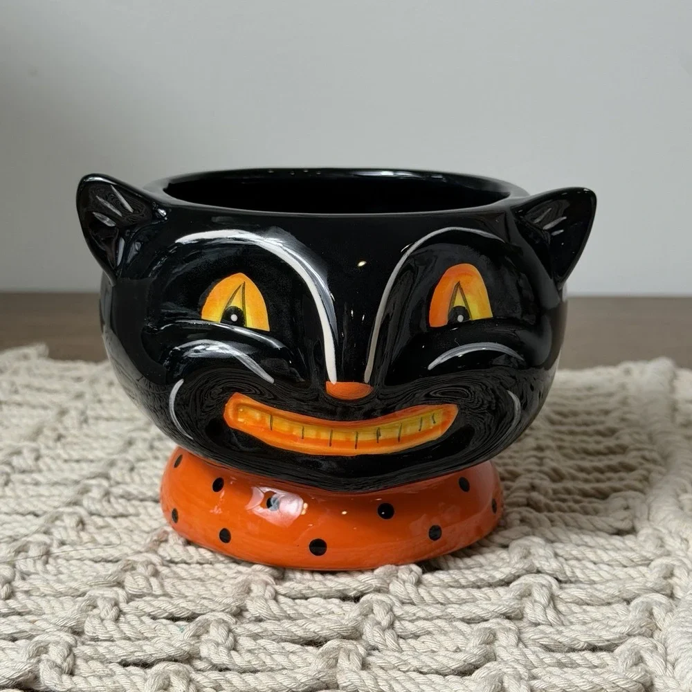 Johanna Parker Halloween Black Cat Polka Dot Vintage Candy Bowl Planter Decor